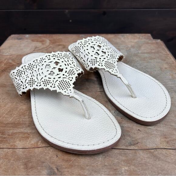Tory Burch slides sandals flats size 9.5 cutout leather off white lattice eyelet - Picture 3 of 9